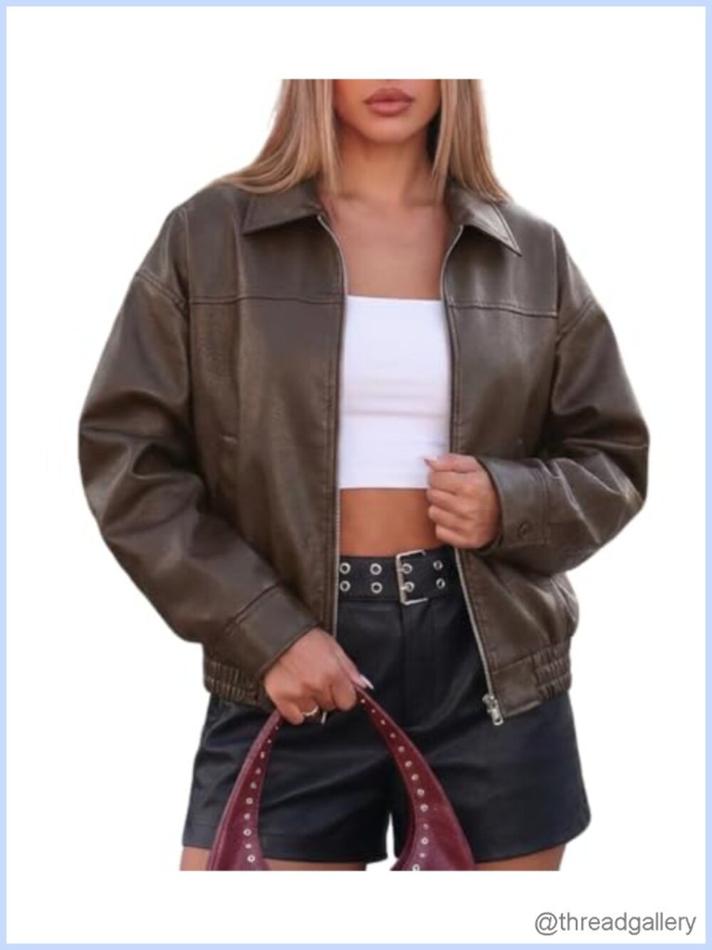 Oversized Faux Leather Bomber Jacket Women Moto Biker Fitted Waist PU